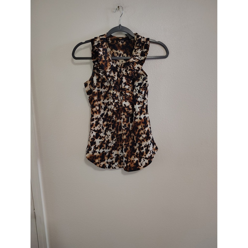New York & Company Animal Print Ruffle Neck Sleeveless Blouse Brown XS